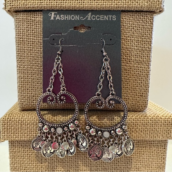 NWT Fashion Accents Earrings silver tone fish hook dangle big circle w/ coins - Picture 3 of 8